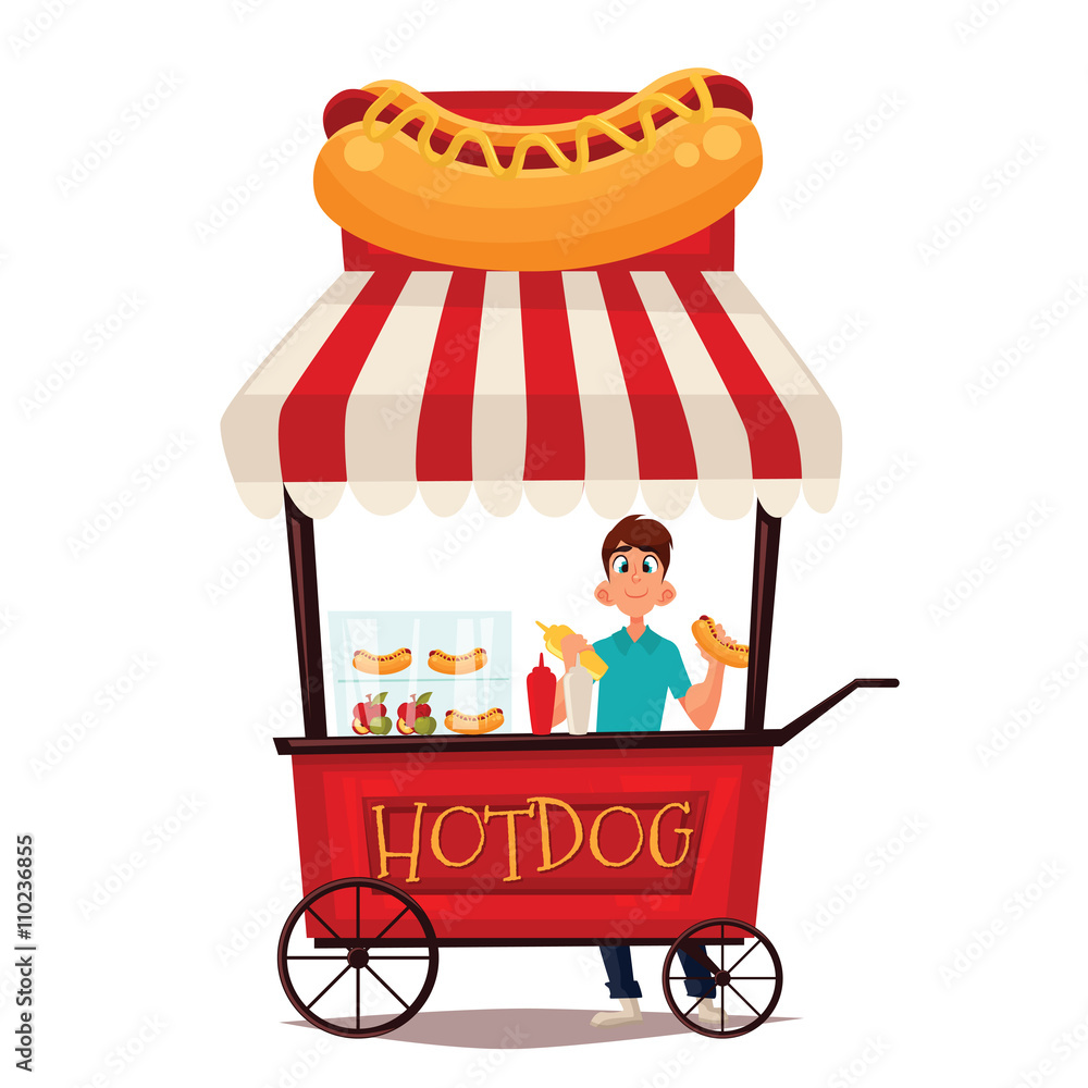 Street vendor course dogs, comic cartoon illustration on a white  background, mobile store fast fudom, street hot dog cart Stock Illustration  | Adobe Stock