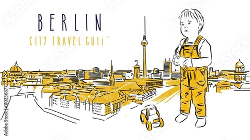 Berlin City Guide Animation with little cute boy in front of Hand drawn Skylinie and Animated Letters for Sample Title photo