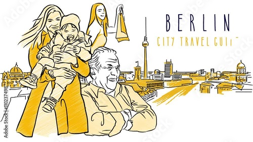 Berlin Sketch Animation with some Inhabitants in front of Hand drawn Skylinie. Animated Letters for Sample Title. photo