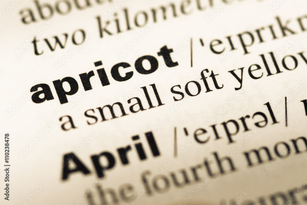 Close up of old English dictionary page with word apricot Close up of old English dictionary page with word apricot
