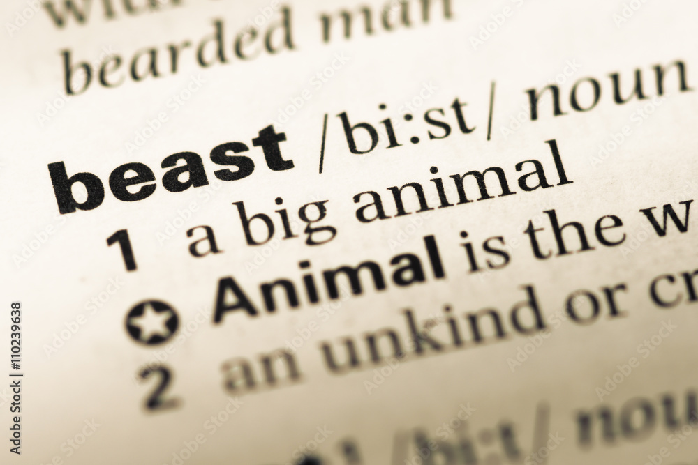Close up of old English dictionary page with word beast Close up of old English dictionary page with word beast