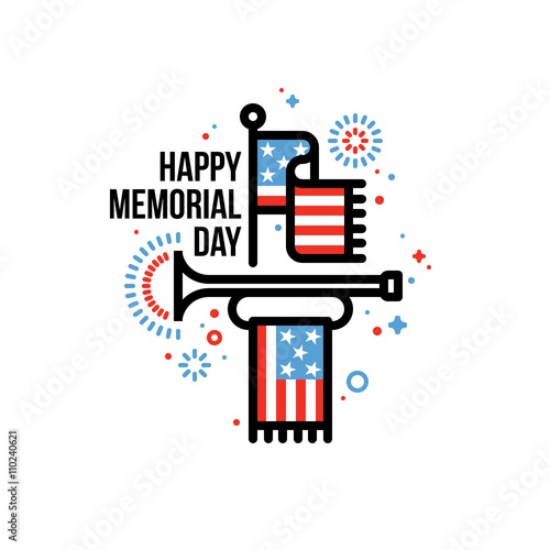 Happy Memorial Day vector greeting card with American flag and bugle
