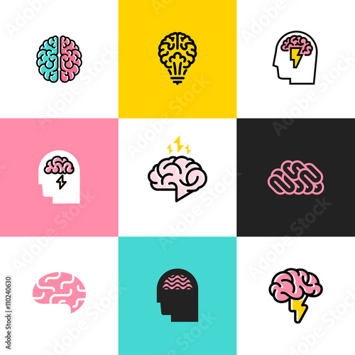 Set of flat line icons and logos of brain, brainstorming, idea, and creativity