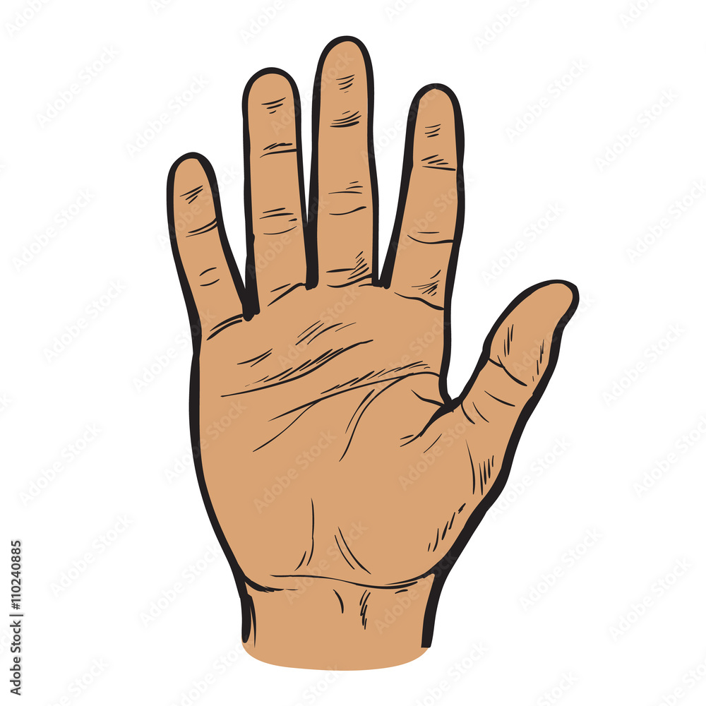 One hand. Hand showing five fingers. A welcome gesture. Stopping gesture.  stop character. Opened palm of the hand. Painted hand. Contour arm.  Illustration of five fingers. ilustración de Stock