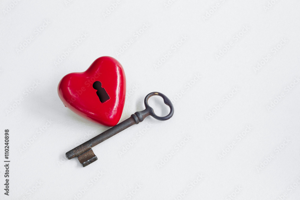 Red heart with lock next to an old key on isolated background Stock ...