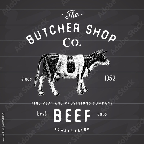 Butcher Shop vintage emblem beef meat products, butchery Logo template retro style. Vintage Design for Logotype, Label, Badge and brand design. vector illustration on chalkboard
