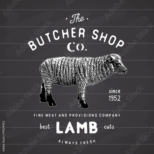 Butcher Shop vintage emblem lamb meat products, butchery Logo template retro style. Vintage Design for Logotype, Label, Badge and brand design. vector illustration on chalkboard.