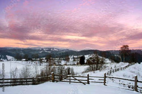 Carpathian mountain valley covered with fresh snow. Majestic lan © Dolnikov