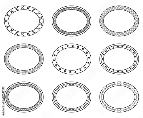 Set of empty blank vintage ornate frames, design elements, black isolated on white background, vector illustration.