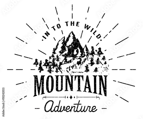 Mountains handdrawn sketch emblem. outdoor camping and hiking activity, Extreme sports, outdoor adventure symbol, vector illustration on mountain landscape background