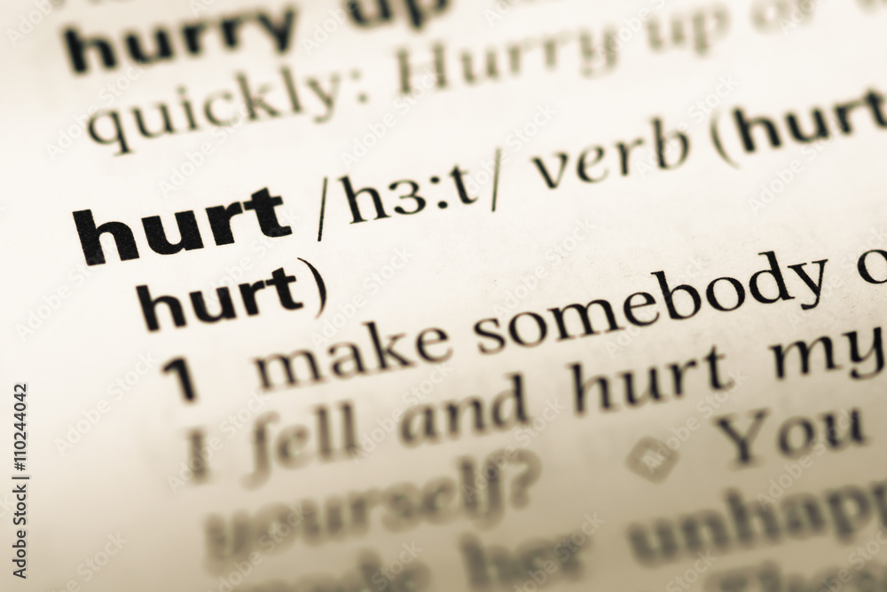 Close up of old English dictionary page with word hurt Close up of old English dictionary page with word hurt