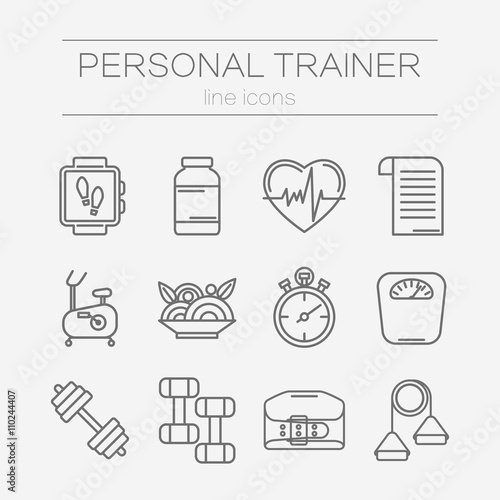 Vector set of line icons for personal trainer program.