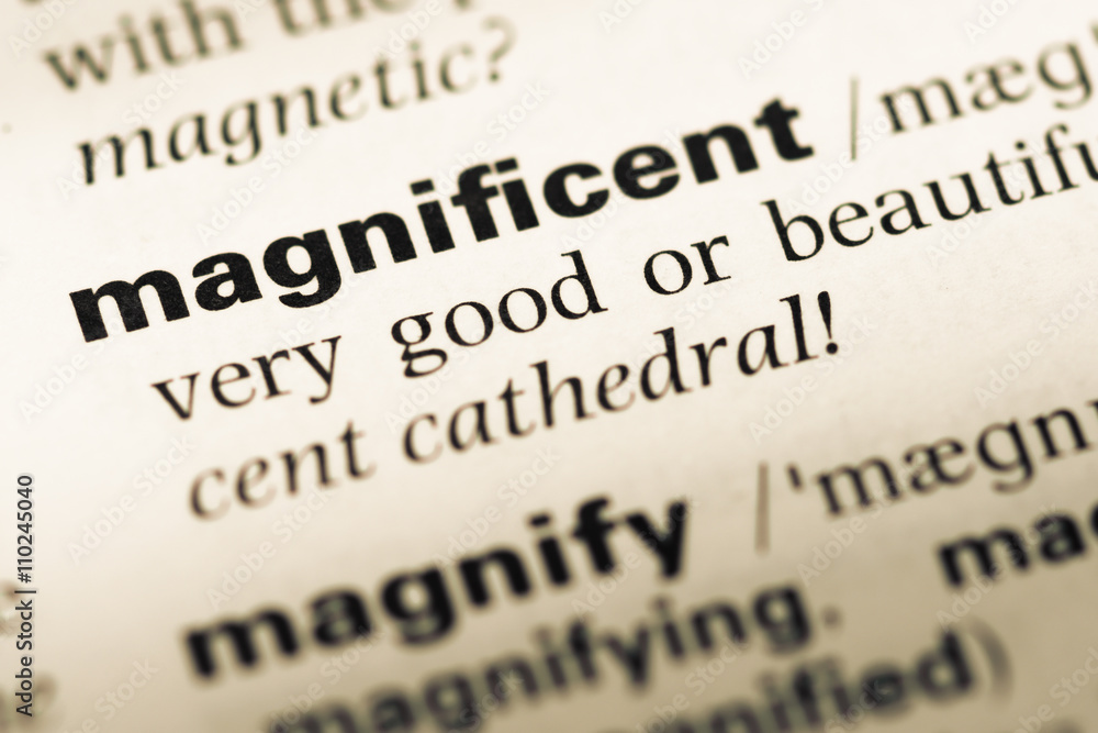 Close up of old English dictionary page with word magnificent Close up of old English dictionary page with word magnificent