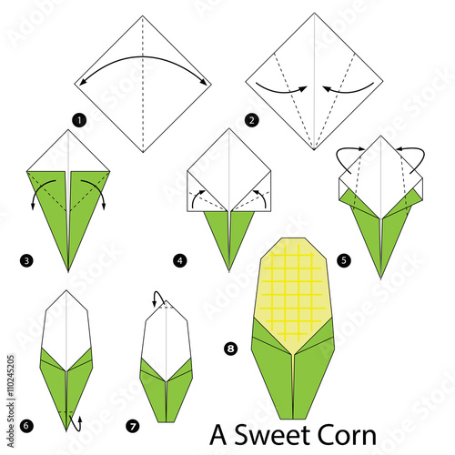 step by step instructions how to make origami a Sweet Corn.