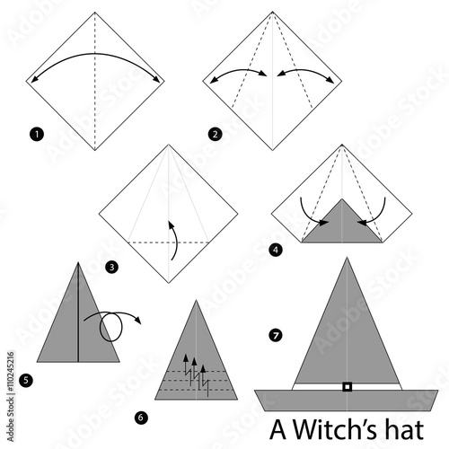 step by step instructions how to make origami a Witch's Hat.