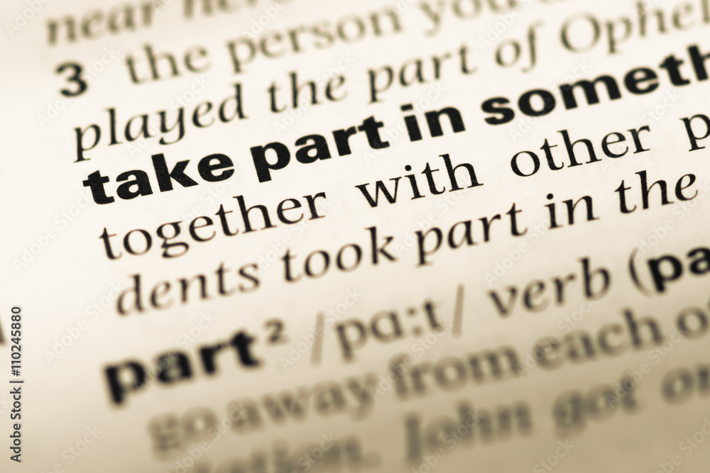 Close up of old English dictionary page with word take part in Close up of old English dictionary page with word take part in