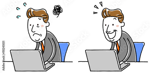 イラスト素材：中年ビジネスマン　忙しい　パソコン　バリエーション
