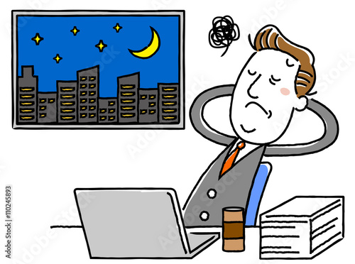 イラスト素材：中年ビジネスマン　残業　徹夜
