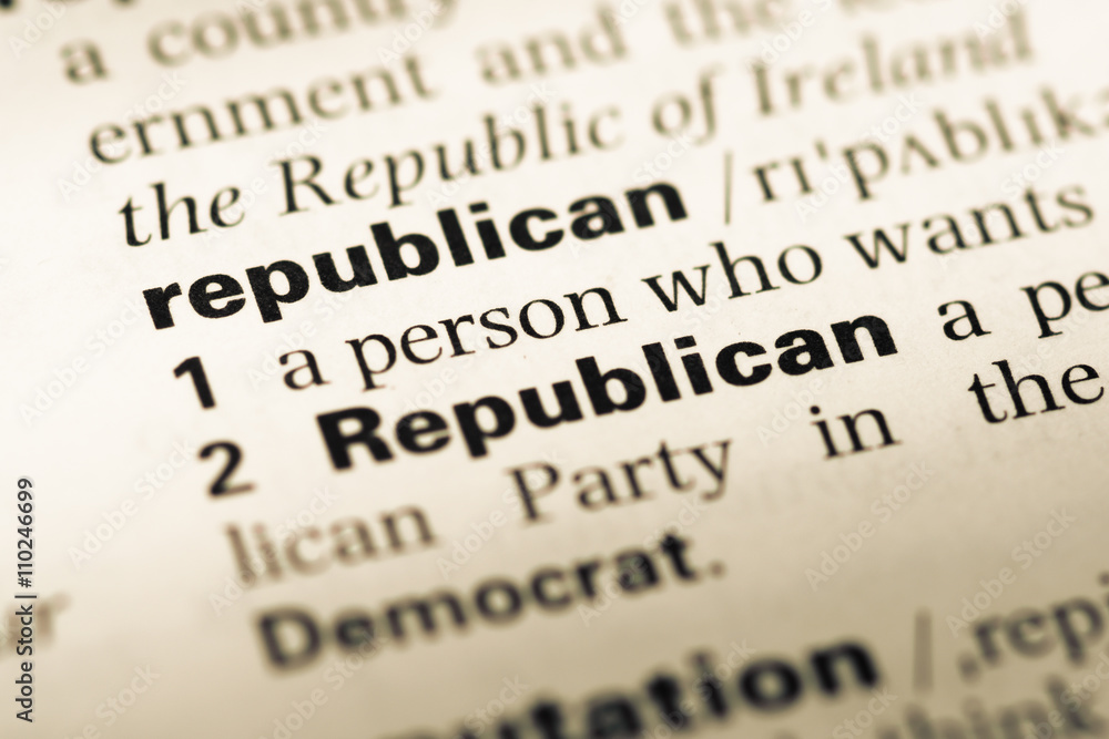 Obraz premium Close up of old English dictionary page with word republican
