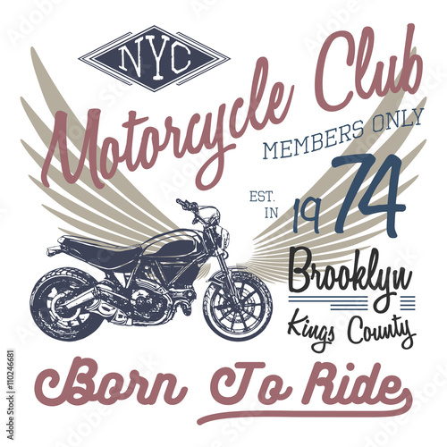 T-shirt typography design, motorcycle vector, NYC printing graphics, typographic vector illustration, New York riders graphic design for label or t-shirt print, Badge, Applique