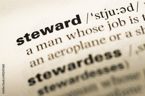 Close up of old English dictionary page with word steward