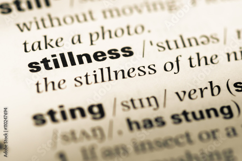 Canvas Print Close up of old English dictionary page with word stillness