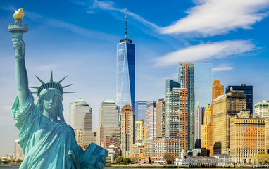 Fototapete Nordamerika New Yorker Stadtbild, Tourismuskonzept Foto Freiheitsstatue, Lower Manhattan Skyline  © DWP