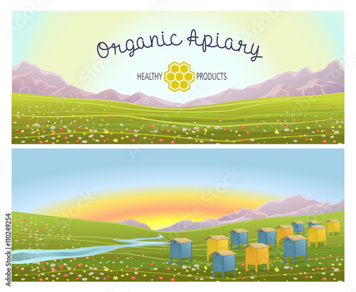 Apiary in alpine meadows in mountains. Honey Farm. Beehive set. Bee honeycomb. Rustic landscape. Fields of green grass. Production of natural organic products. Two banners.