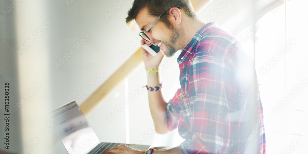 Young Man Smiling Talking Smartphone Concept Young Man Smiling Talking Smartphone Concept