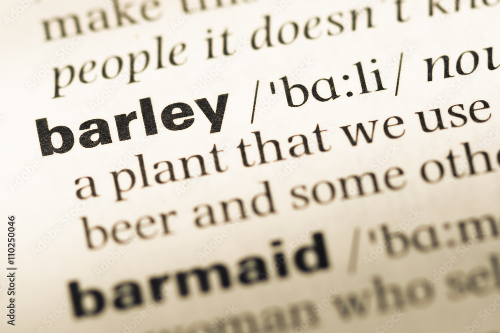 Close up of old English dictionary page with word barley Close up of old English dictionary page with word barley