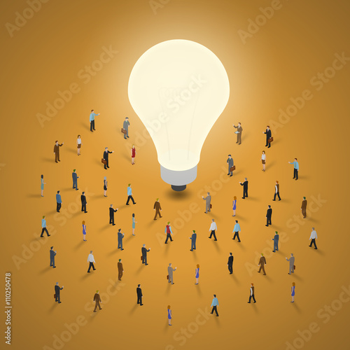 A group of people walking to a light bulb. It 's a brainstorm, inspiration, idea business concept. Isometric illustration vector EPS 10.