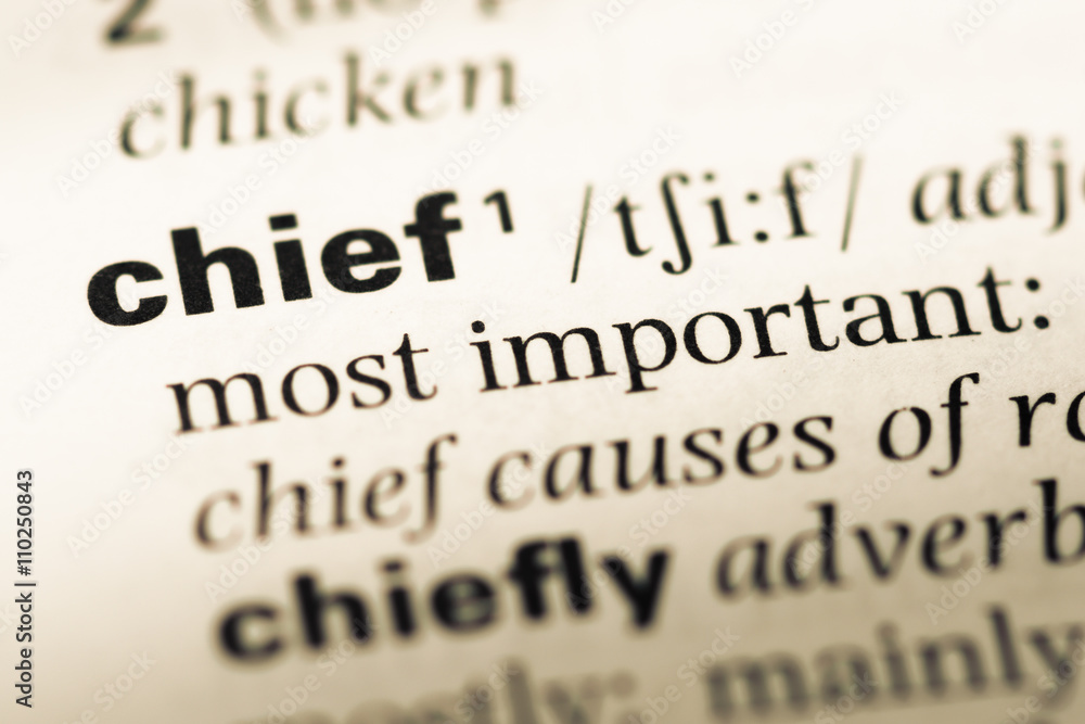 Obraz premium Close up of old English dictionary page with word chief