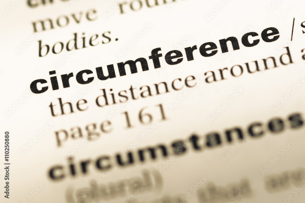 Close up of old English dictionary page with word circumference Close up of old English dictionary page with word circumference