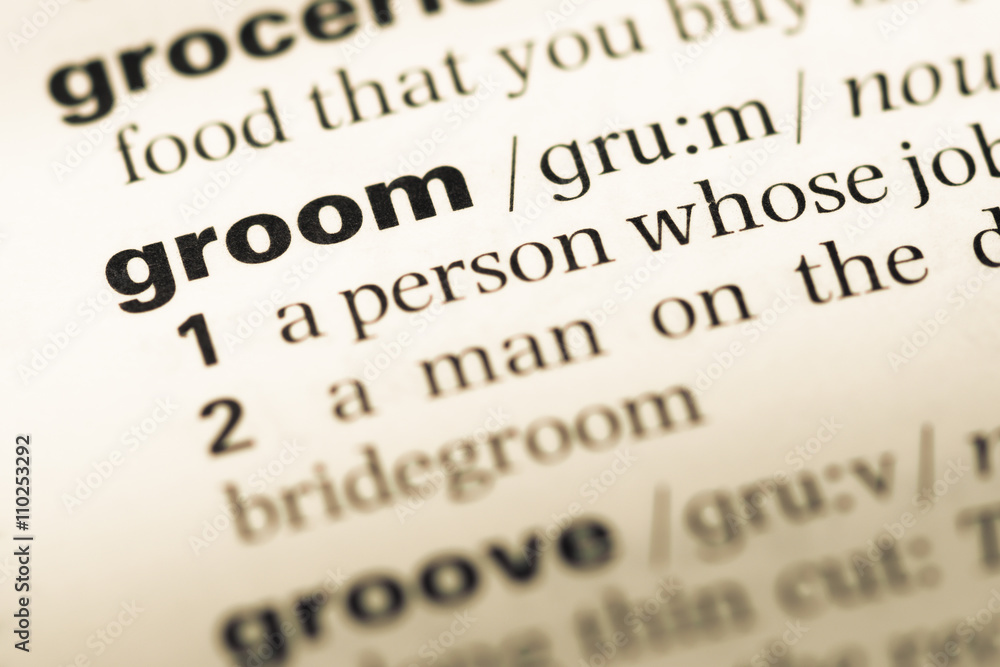 Obraz premium Close up of old English dictionary page with word groom