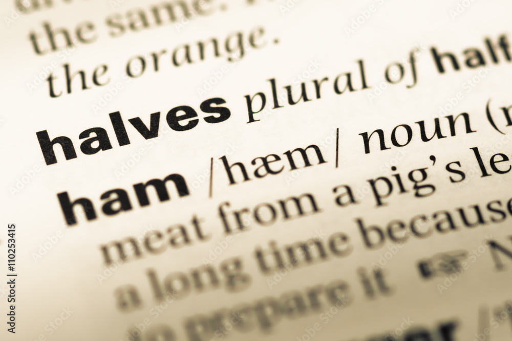 Close up of old English dictionary page with word halves Close up of old English dictionary page with word halves