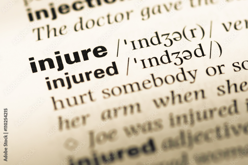 Close up of old English dictionary page with word injure Close up of old English dictionary page with word injure