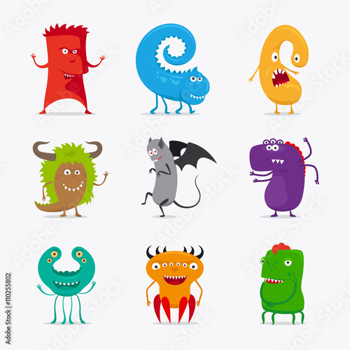 Cartoon cute vector monsters. Different colour funny monsters icons on white background. Vector illustration
