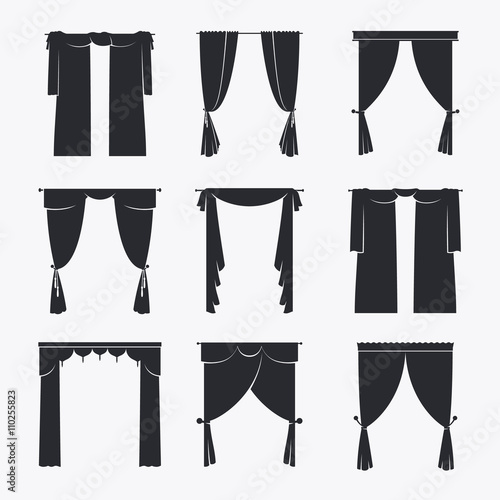Vector black curtain icons on white background. Interior design elements