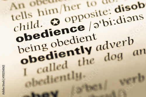 Close up of old English dictionary page with word obedience photo