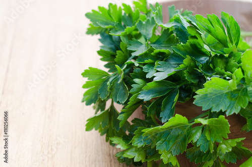 Organic fresh bunch of parsley on a wooden rustic table