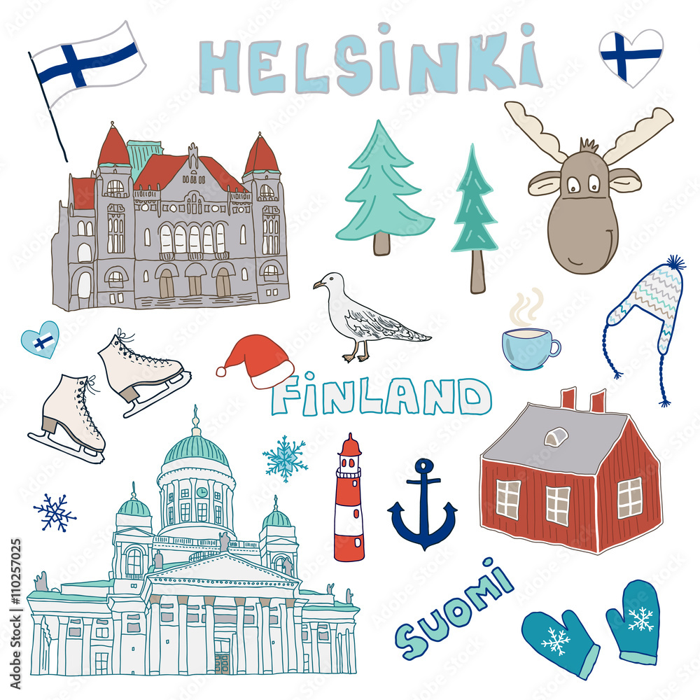 Set of hand drawn doodle icons of Helsinki, Finland. Vector illustration