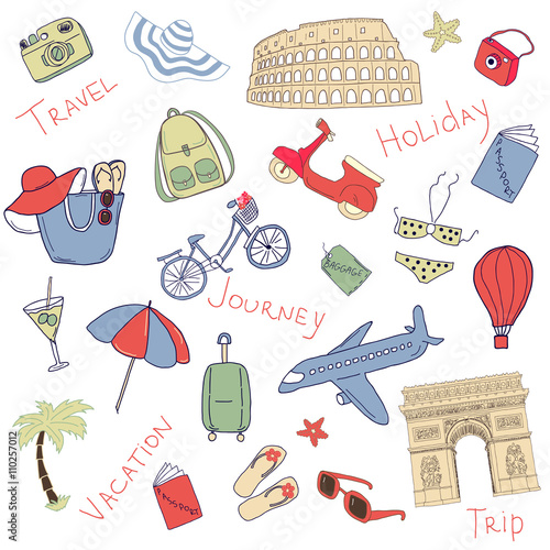 Set of hand drawn doodle vector illustration.Travel doodle vector elements set.