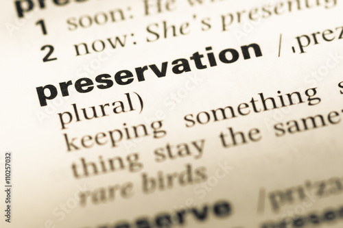 Close up of old English dictionary page with word preservation