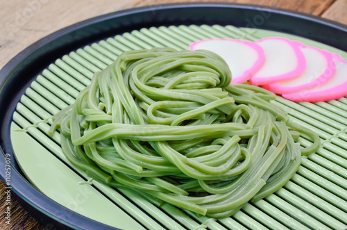 Japanese Cha Soba (Green tea Soba) in  dish, Selective focus photo