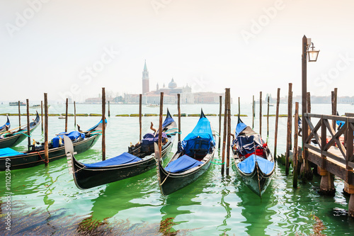 Gondolas moored near San Marco square in Venice, Italy