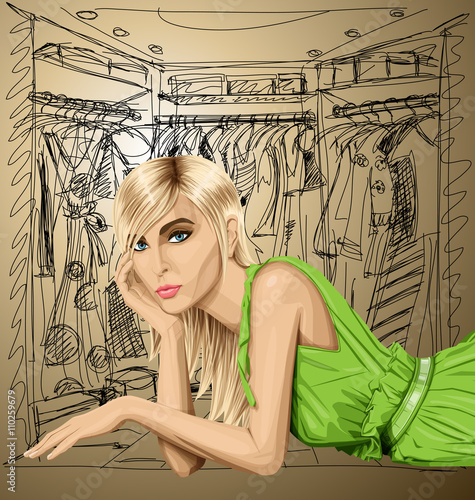 Blonde in pink lies on a floor