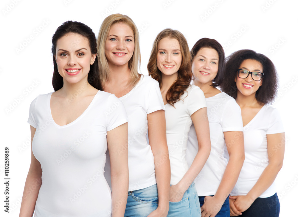 group of happy different women in white t-shirts group of happy different women in white t-shirts