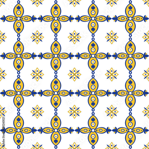 Oriental pattern seamless blue, yellow and white. Moroccan, Turkish, Azulejo portuguese tiles or spanish ornaments.