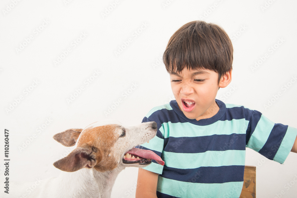 Little boy playing with his friend dog jack russel Little boy playing with his friend dog jack russel