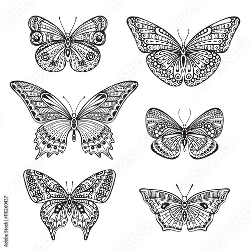 Set of six ornate doodle hand drawn butterflies